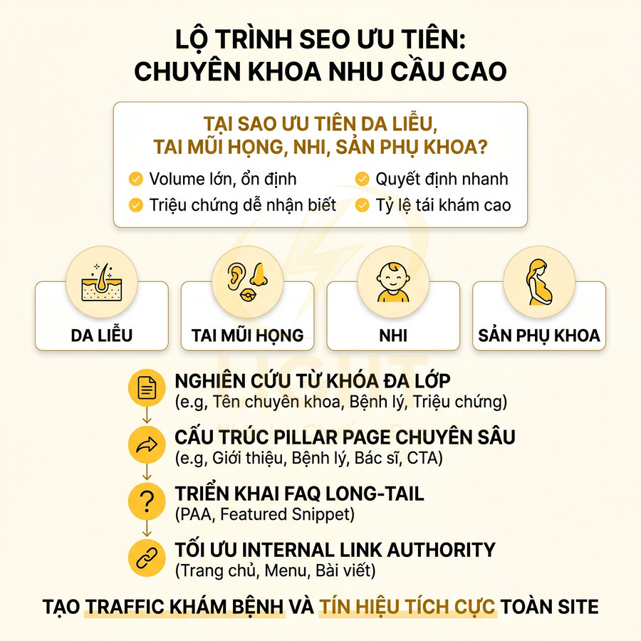 Lộ trình SEO ưu tiên cho website phòng khám chuyên khoa da liễu, tai mũi họng, nhi, sản phụ khoa