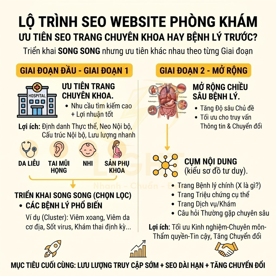 Lộ trình SEO website phòng khám với hai giai đoạn ưu tiên trang chuyên khoa và mở rộng nội dung bệnh lý