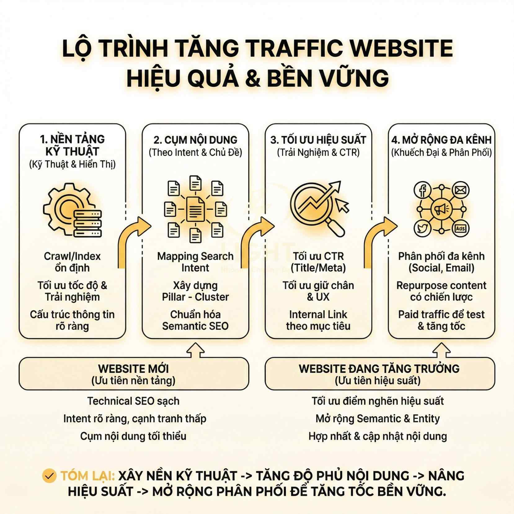 Lộ trình tăng traffic website bền vững với 4 bước tối ưu kỹ thuật, nội dung, hiệu suất và mở rộng kênh phân phối