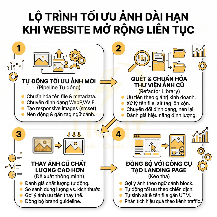 Lộ trình tối ưu hình ảnh dài hạn cho website mở rộng liên tục với 4 bước chi tiết bằng tiếng Việt