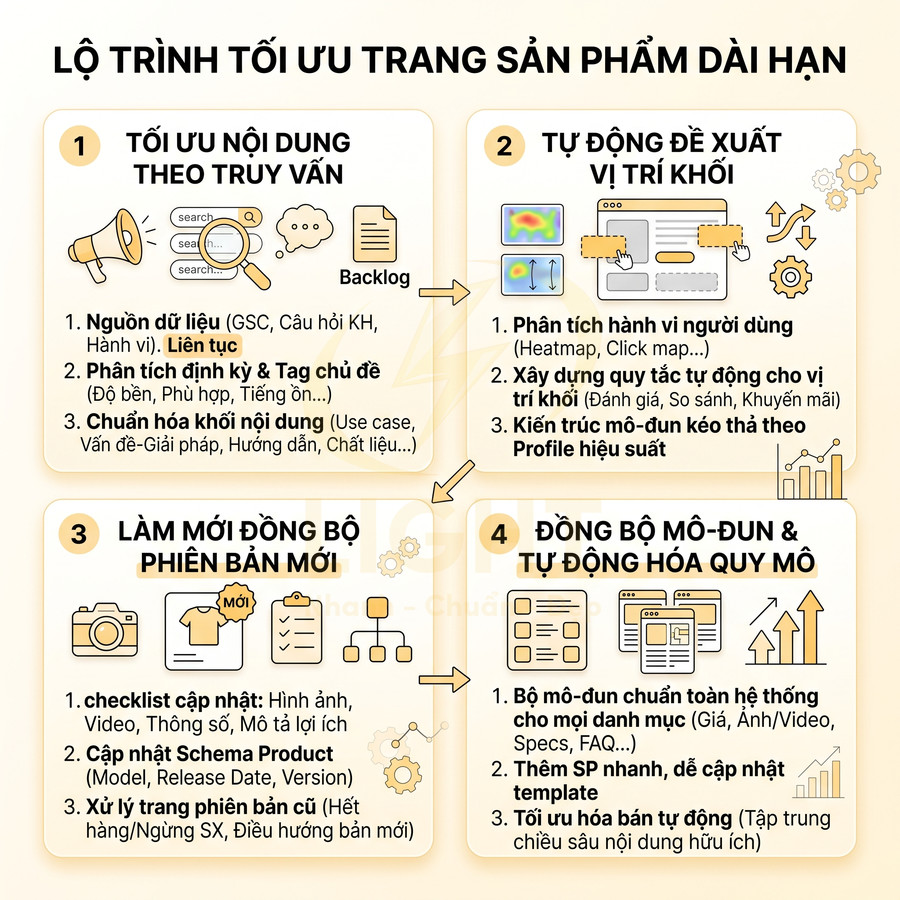 Lộ trình tối ưu trang sản phẩm dài hạn với 4 bước tối ưu nội dung, vị trí khối, phiên bản mới và tự động hóa quy mô