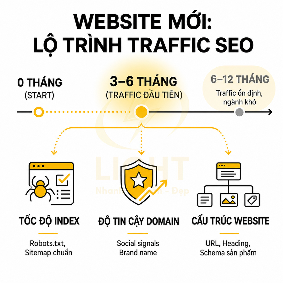 Lộ trình tăng traffic SEO cho website mới theo từng giai đoạn và các yếu tố index, domain, cấu trúc site