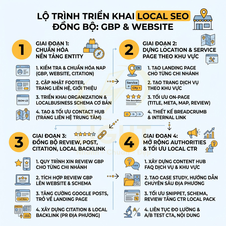Lộ trình triển khai Local SEO đồng bộ cho GBP và website với 4 giai đoạn chi tiết bằng infographic