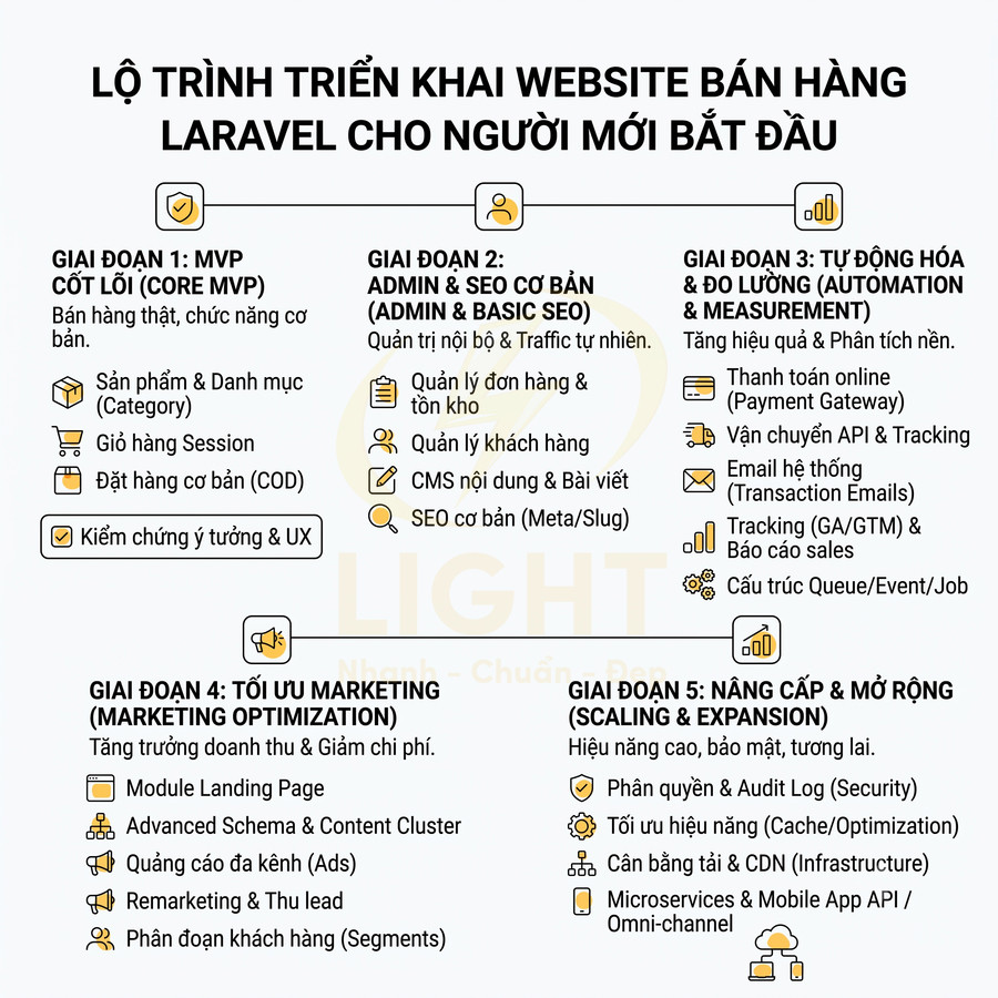 Lộ trình 5 giai đoạn triển khai website bán hàng Laravel cho người mới với các bước từ MVP đến mở rộng