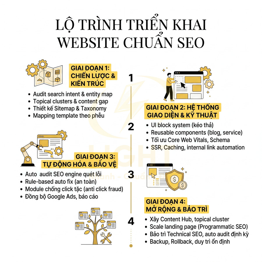 Lộ trình triển khai website chuẩn SEO với 4 giai đoạn từ chiến lược, giao diện kỹ thuật đến tự động hóa và bảo trì