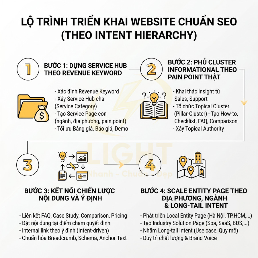 Lộ trình triển khai website chuẩn SEO theo intent hierarchy với 4 bước tối ưu nội dung và cấu trúc trang