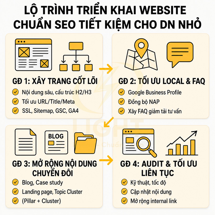 Lộ trình triển khai website chuẩn SEO tiết kiệm cho doanh nghiệp nhỏ với 4 giai đoạn tối ưu nội dung và kỹ thuật