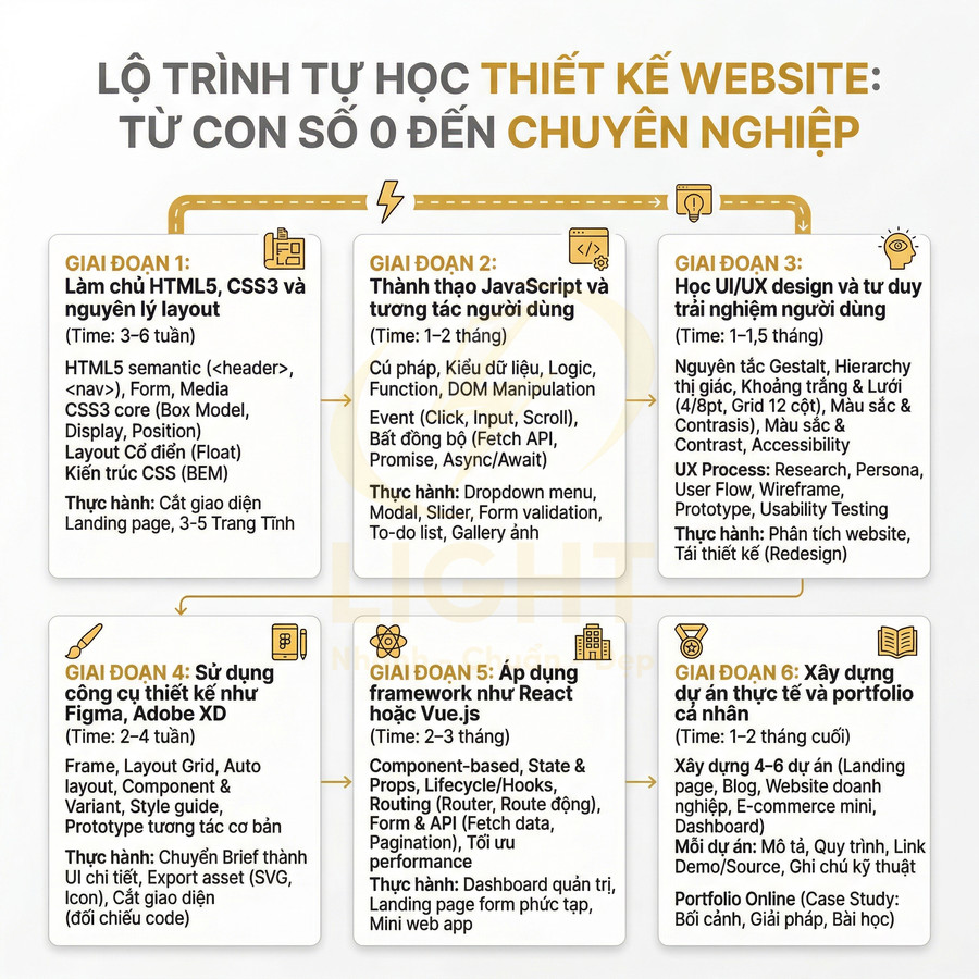 Lộ trình tự học thiết kế website từ con số 0 đến chuyên nghiệp với 6 giai đoạn chi tiết bằng tiếng Việt