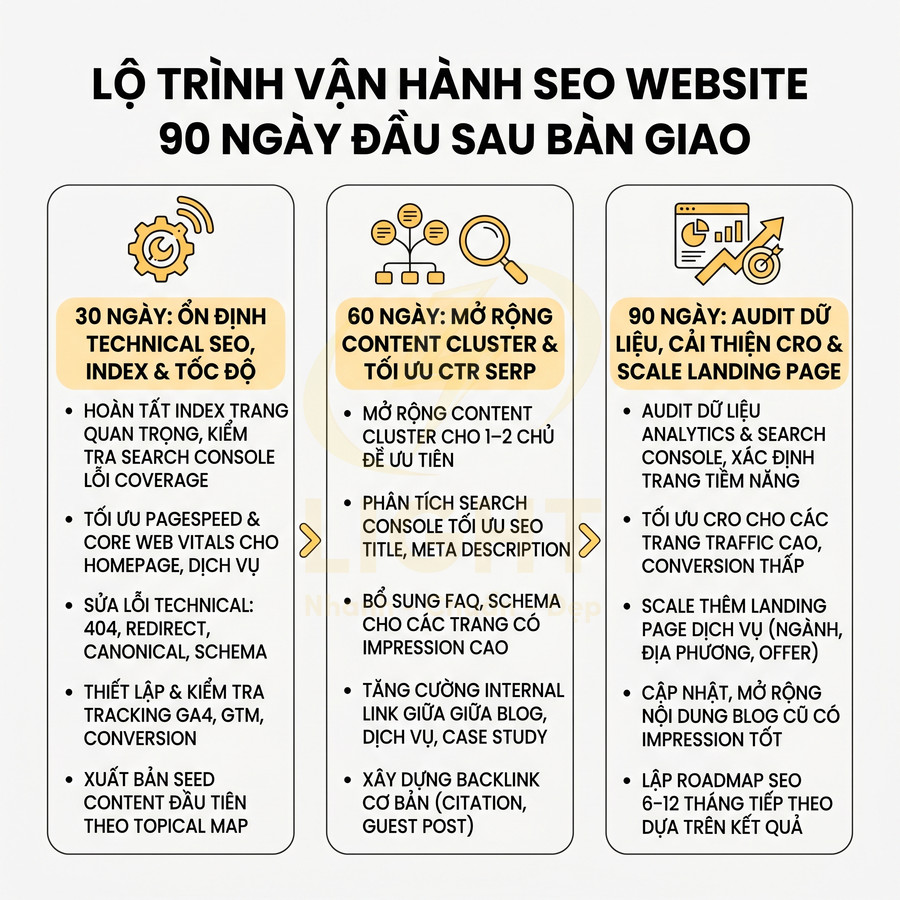 Lộ trình vận hành SEO website 90 ngày đầu sau bàn giao với các bước technical, content và tối ưu CRO