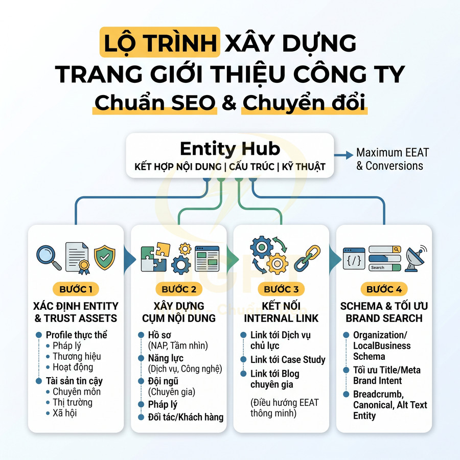 Lộ trình xây dựng trang giới thiệu công ty chuẩn SEO với 4 bước tối ưu entity, nội dung và internal link