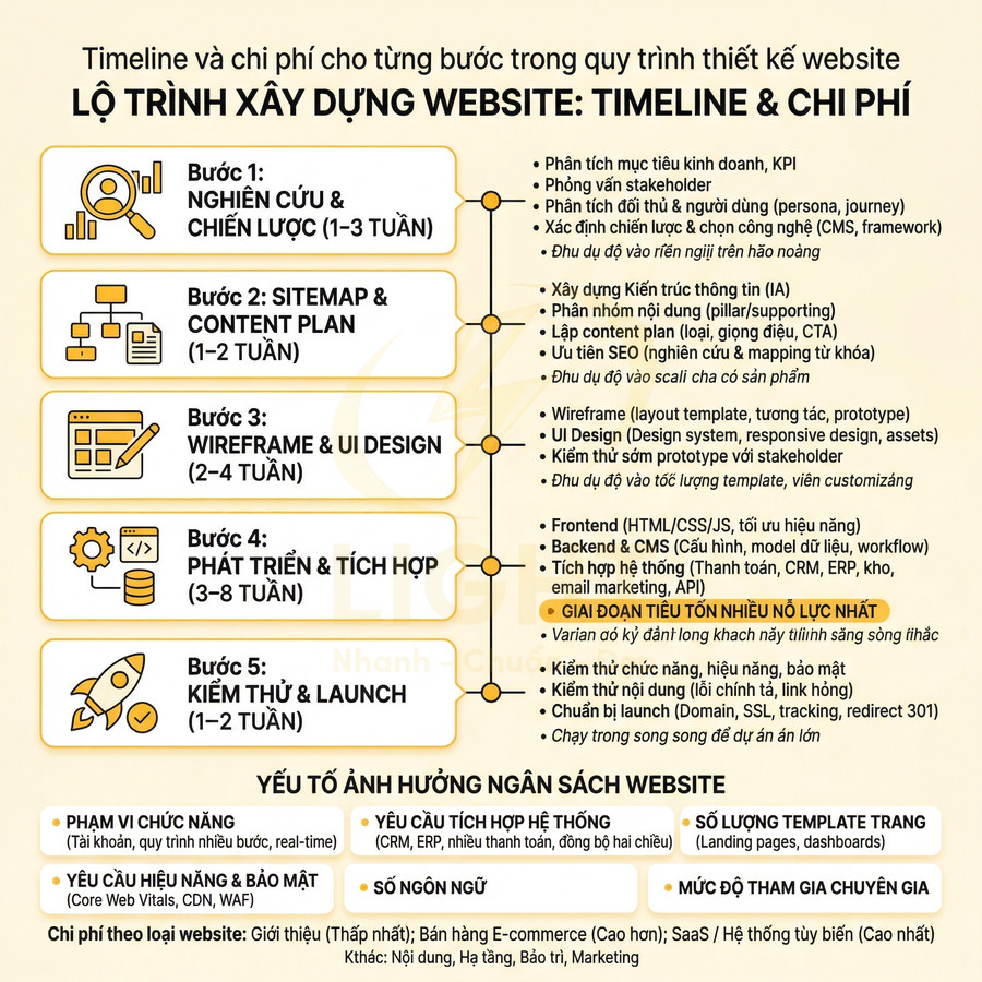 Infographic lộ trình xây dựng website với 5 bước từ nghiên cứu chiến lược đến kiểm thử và launch
