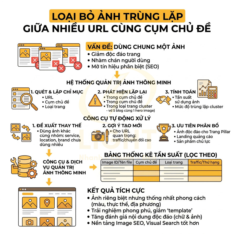 Infographic quy trình loại bỏ ảnh trùng lặp giữa nhiều URL cùng cụm chủ đề để tối ưu SEO hình ảnh