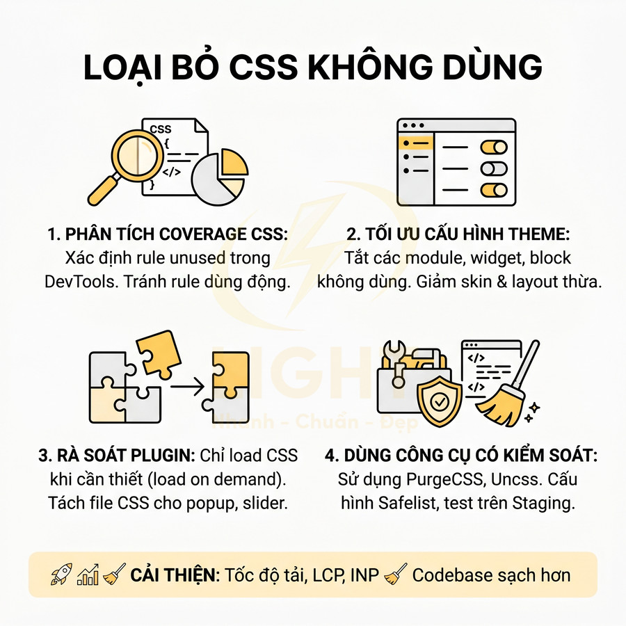 Hướng dẫn loại bỏ CSS không dùng với 4 bước tối ưu coverage, theme, plugin và công cụ để cải thiện tốc độ tải trang