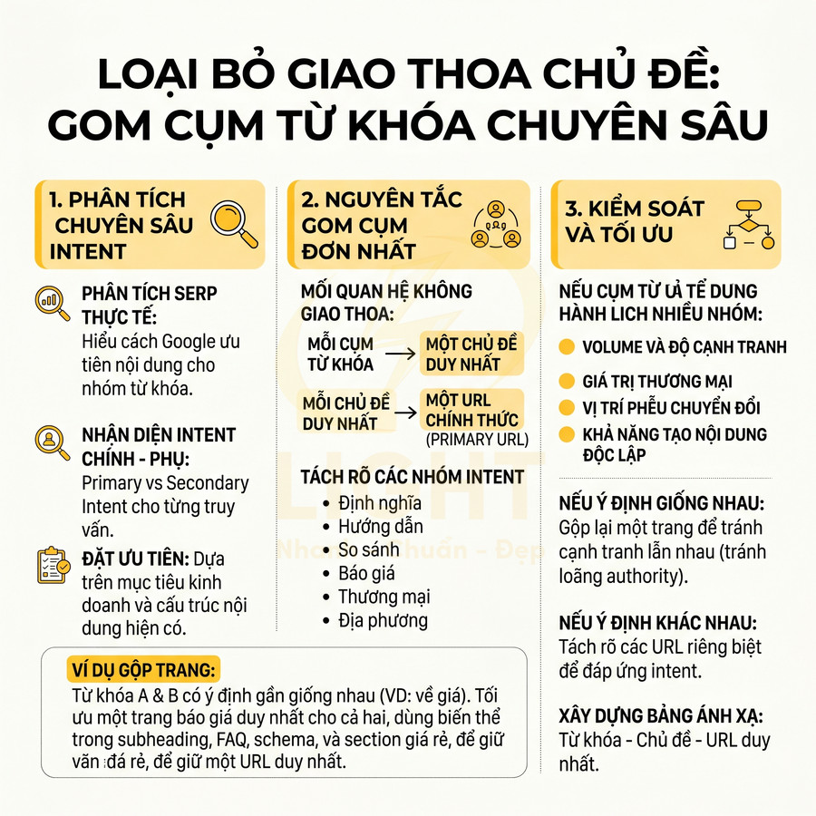 Hướng dẫn loại bỏ giao thoa chủ đề và gom cụm từ khóa chuyên sâu trong chiến lược SEO nội dung