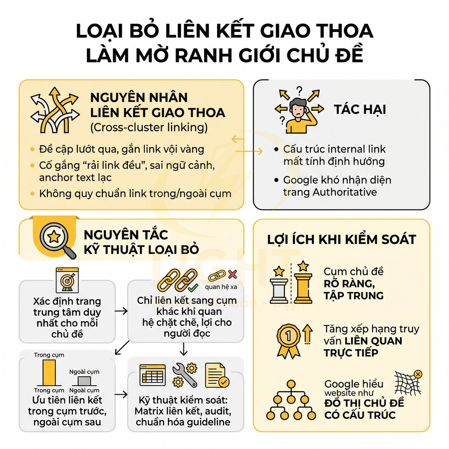 Infographic hướng dẫn loại bỏ liên kết giao thoa trong SEO để làm rõ ranh giới chủ đề và tối ưu cấu trúc internal link