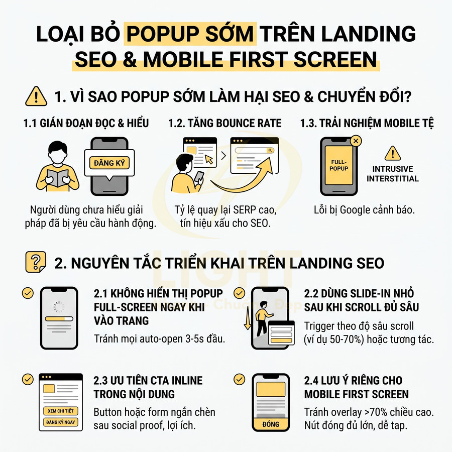Infographic hướng dẫn loại bỏ popup sớm trên landing page để cải thiện SEO và trải nghiệm mobile