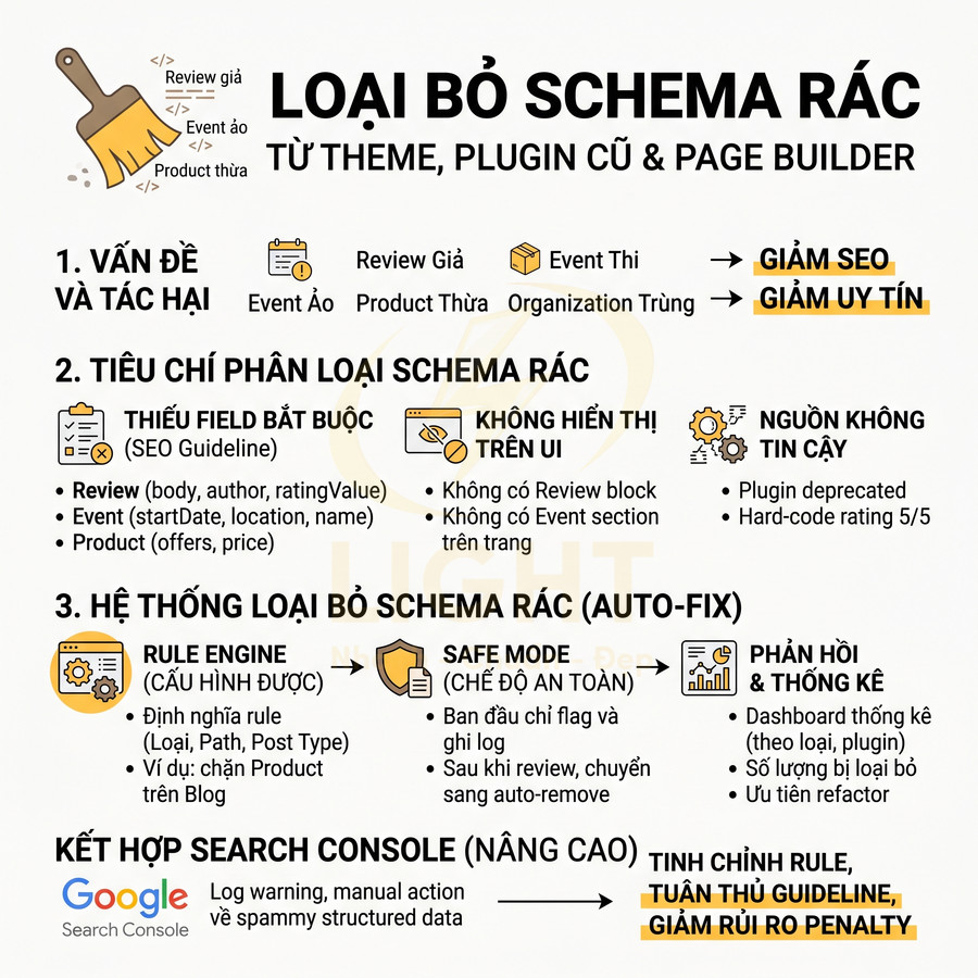 Infographic hướng dẫn loại bỏ schema rác từ theme, plugin cũ và page builder để cải thiện SEO