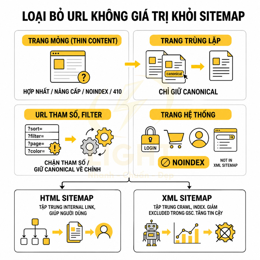 Hướng dẫn loại bỏ URL không giá trị khỏi sitemap, tối ưu thin content, trang trùng lặp, URL tham số và trang hệ thống