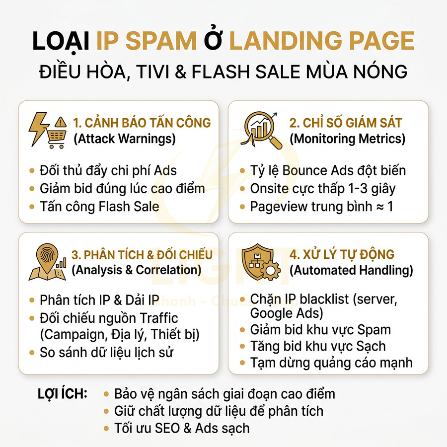 Infographic các loại IP spam ở landing page điều hòa tivi flash sale và cách cảnh báo phân tích xử lý tự động