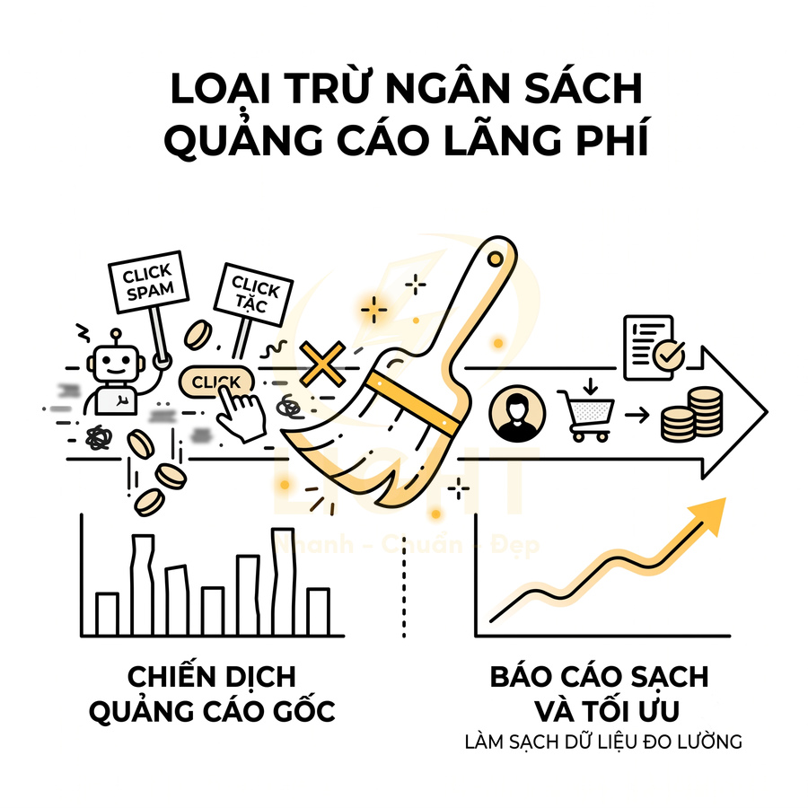 Minh họa giải pháp loại bỏ click spam để tối ưu ngân sách và báo cáo chiến dịch quảng cáo trực tuyến