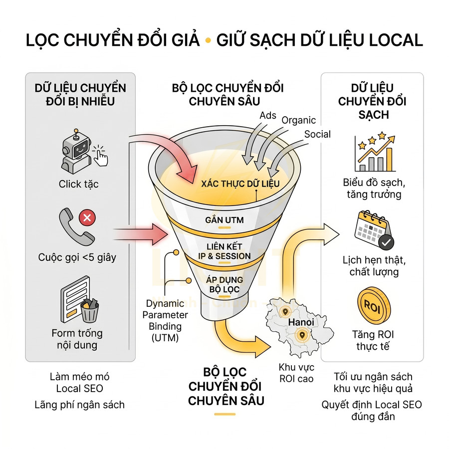 Mô hình phễu lọc chuyển đổi giả giữ sạch dữ liệu local SEO và tối ưu ngân sách marketing