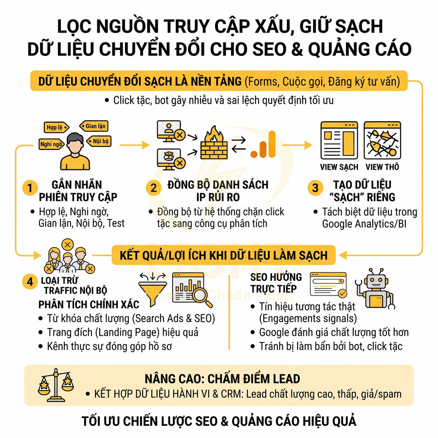 Infographic quy trình lọc nguồn truy cập xấu và làm sạch dữ liệu chuyển đổi cho SEO và quảng cáo