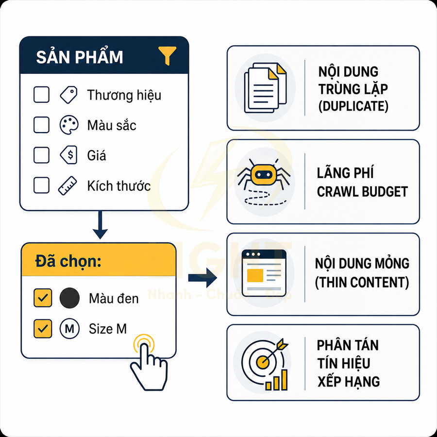 Minh họa bộ lọc sản phẩm theo thương hiệu màu sắc giá kích thước và tác động xấu đến SEO