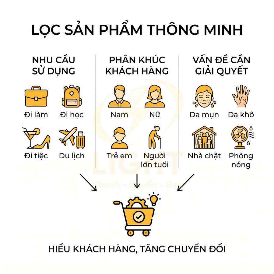 Minh họa quy trình lọc sản phẩm thông minh theo nhu cầu, phân khúc khách hàng và vấn đề cần giải quyết