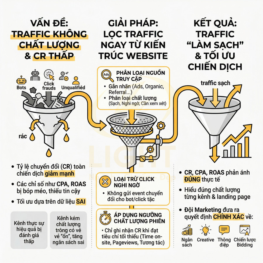 Infographic mô tả quy trình lọc traffic website để loại bỏ truy cập kém chất lượng và tối ưu chuyển đổi