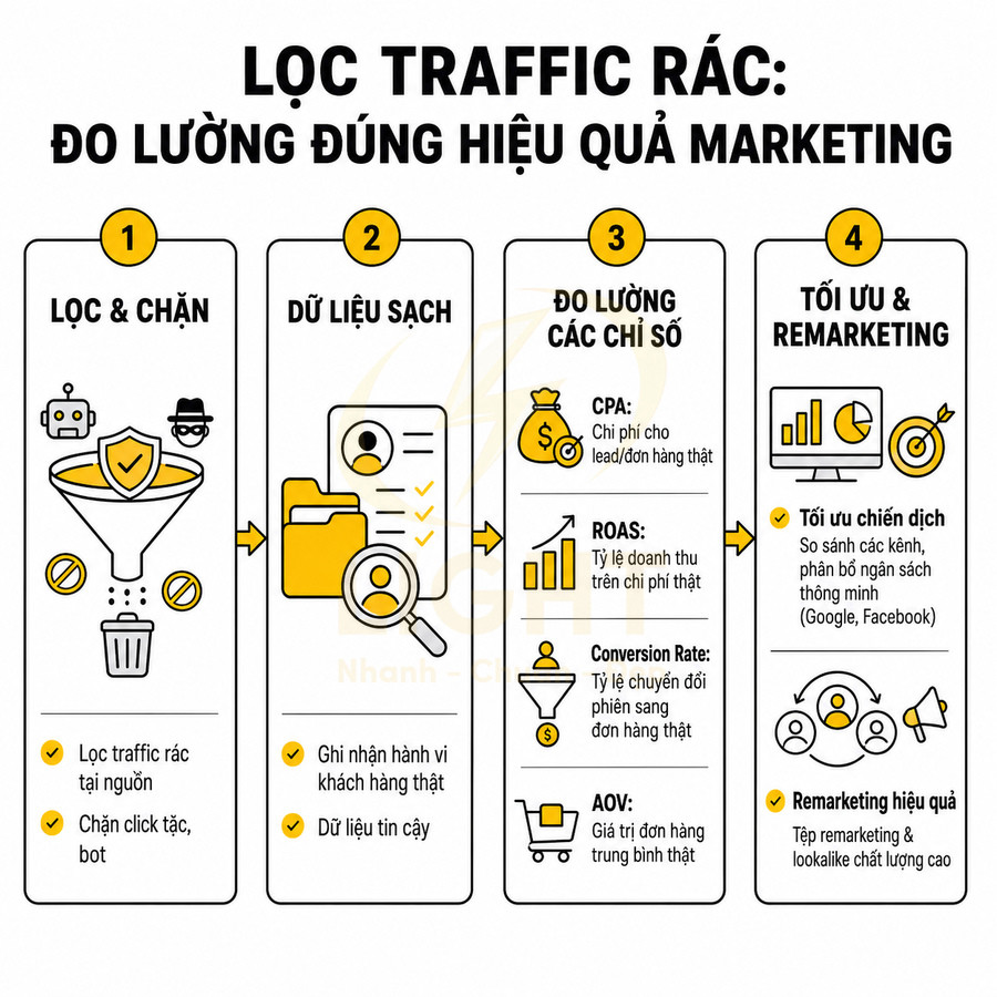 Quy trình lọc traffic rác và đo lường hiệu quả marketing với các bước lọc, làm sạch dữ liệu, đo chỉ số và tối ưu remarketing