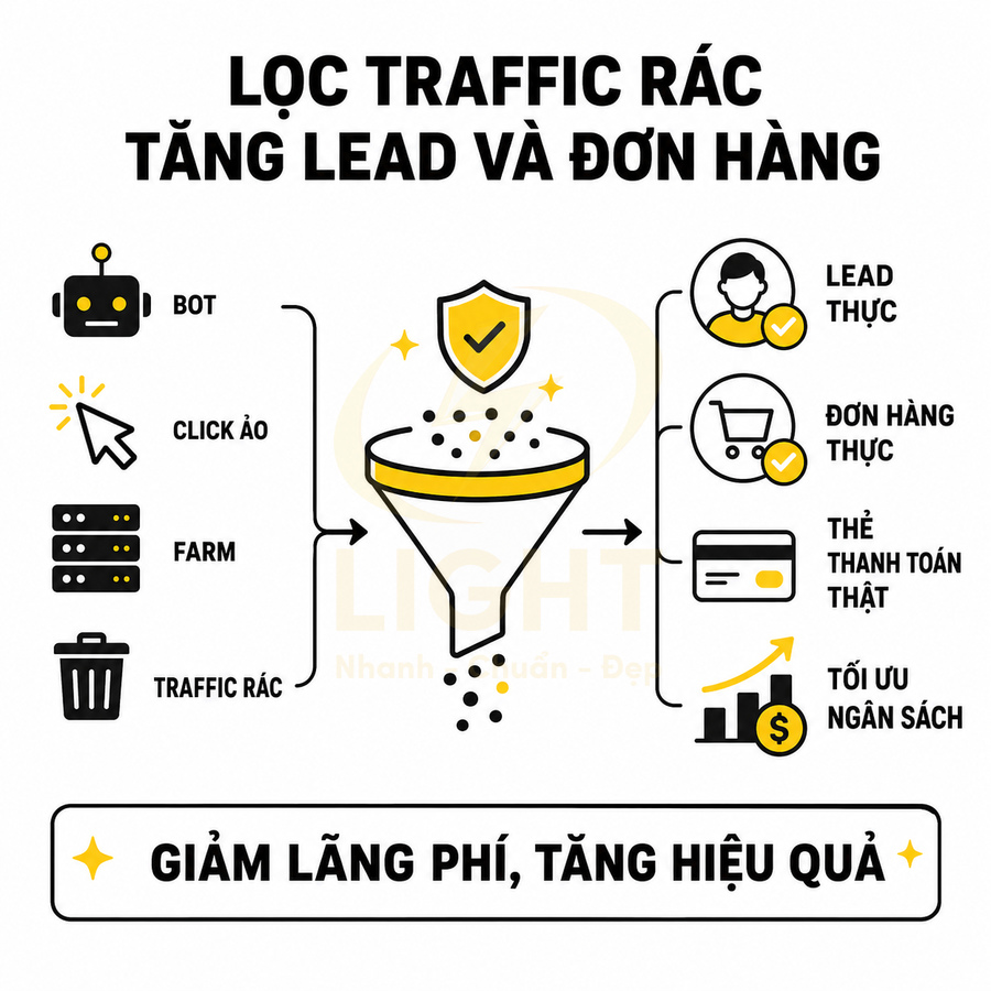 Minh họa phễu lọc traffic rác bot click ảo để tạo lead đơn hàng và thanh toán thật giúp tối ưu ngân sách quảng cáo