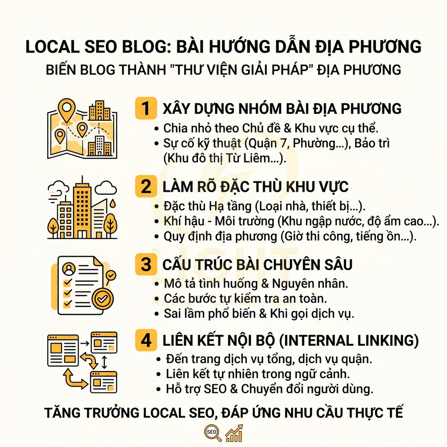 Infographic hướng dẫn Local SEO blog với 4 bước tối ưu nội dung và liên kết nội bộ cho dịch vụ địa phương