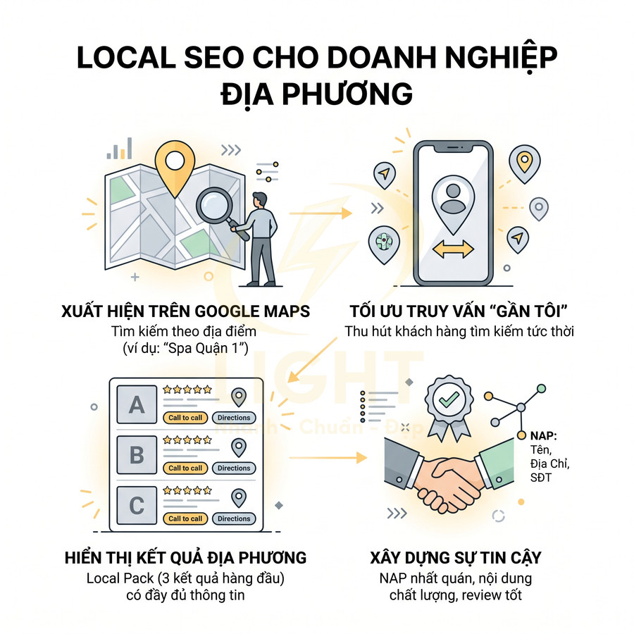 Infographic Local SEO cho doanh nghiệp địa phương với Google Maps, truy vấn gần tôi, hiển thị Local Pack và xây dựng độ tin cậy