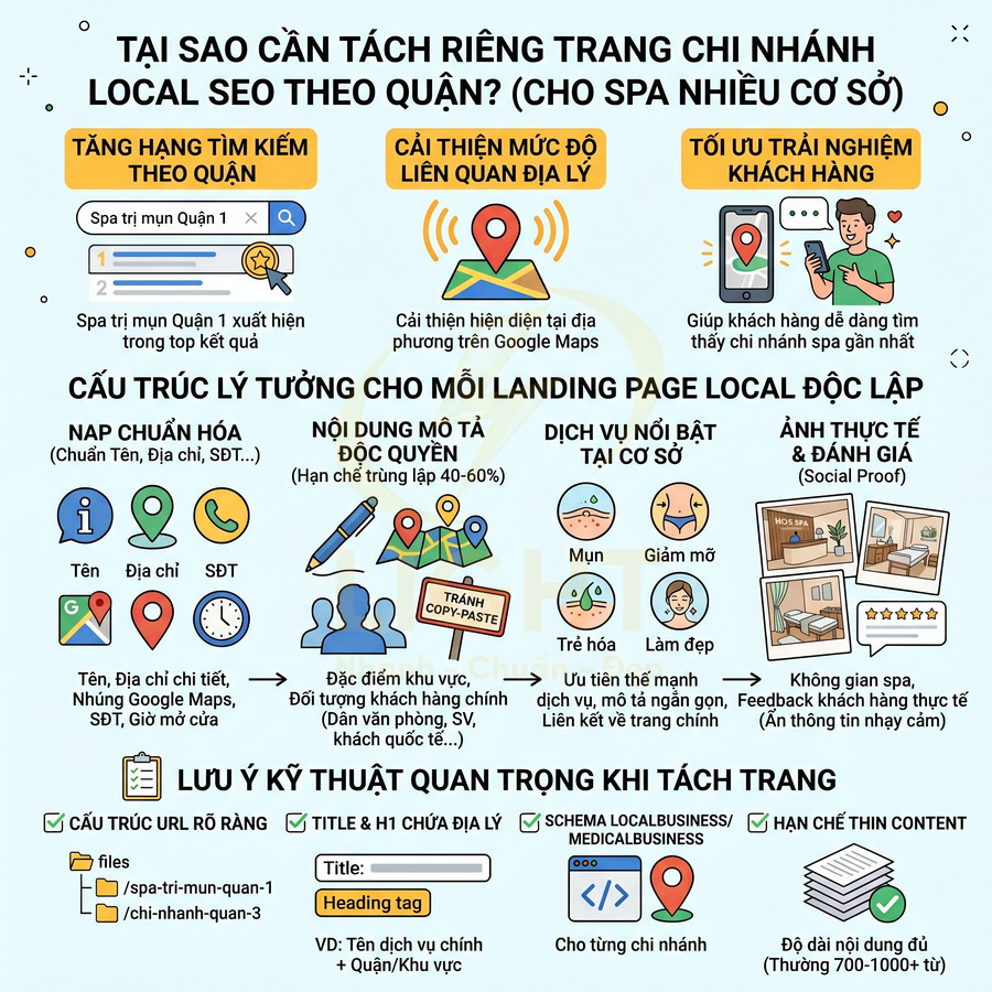 Infographic hướng dẫn tách trang chi nhánh local SEO cho spa nhiều cơ sở với cấu trúc landing page và lưu ý kỹ thuật