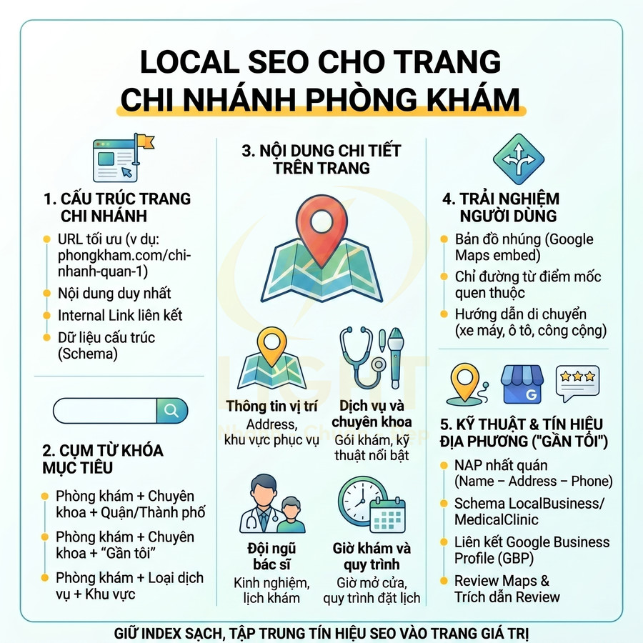 Infographic hướng dẫn tối ưu Local SEO cho trang chi nhánh phòng khám với cấu trúc trang, từ khóa và trải nghiệm người dùng