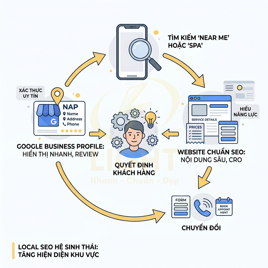 Sơ đồ quy trình local SEO cho spa với tìm kiếm near me, Google Business Profile, website chuẩn SEO và chuyển đổi khách hàng