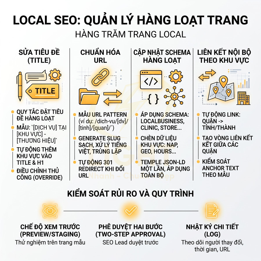 Infographic hướng dẫn quản lý hàng loạt trang Local SEO với chỉnh sửa tiêu đề, chuẩn hóa URL, schema và liên kết nội bộ