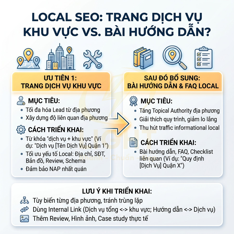 Infographic so sánh chiến lược Local SEO giữa trang dịch vụ khu vực và bài hướng dẫn FAQ local