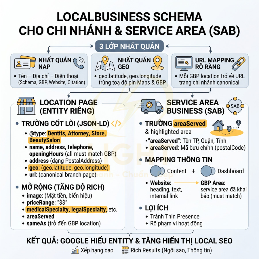 LocalBusiness schema cho chi nhánh và service area business SAB tối ưu hiển thị local SEO trên Google