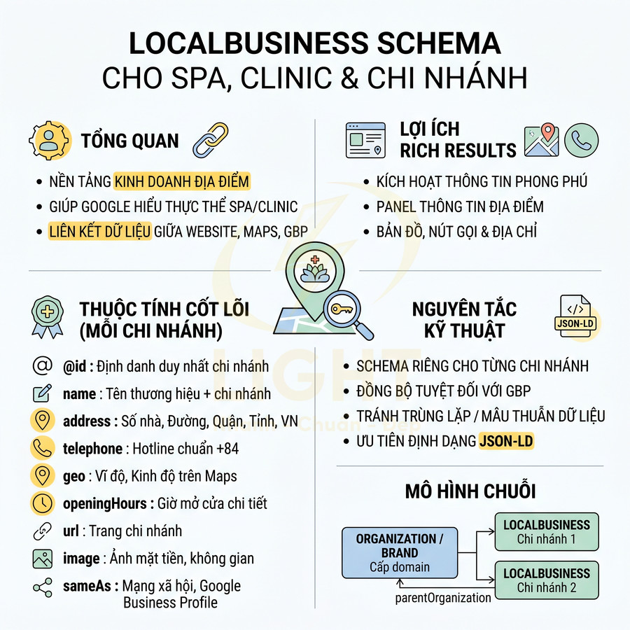 Infographic LocalBusiness Schema cho spa clinic chi nhánh với thuộc tính cốt lõi và nguyên tắc kỹ thuật JSON LD