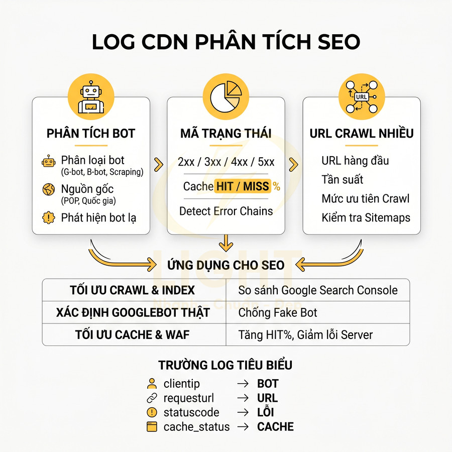Sơ đồ log CDN phân tích SEO với các bước phân tích bot, mã trạng thái, URL crawl và ứng dụng tối ưu SEO