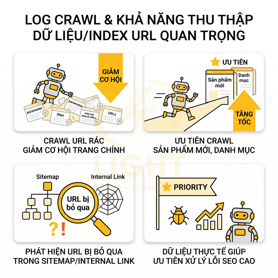 Minh họa log crawl SEO với robot thu thập dữ liệu, ưu tiên index URL sản phẩm mới và xử lý lỗi SEO quan trọng