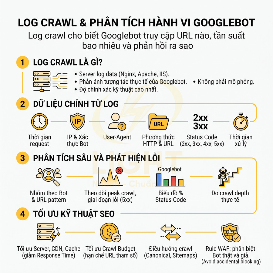 Infographic quy trình phân tích log crawl và hành vi Googlebot để tối ưu kỹ thuật SEO cho website