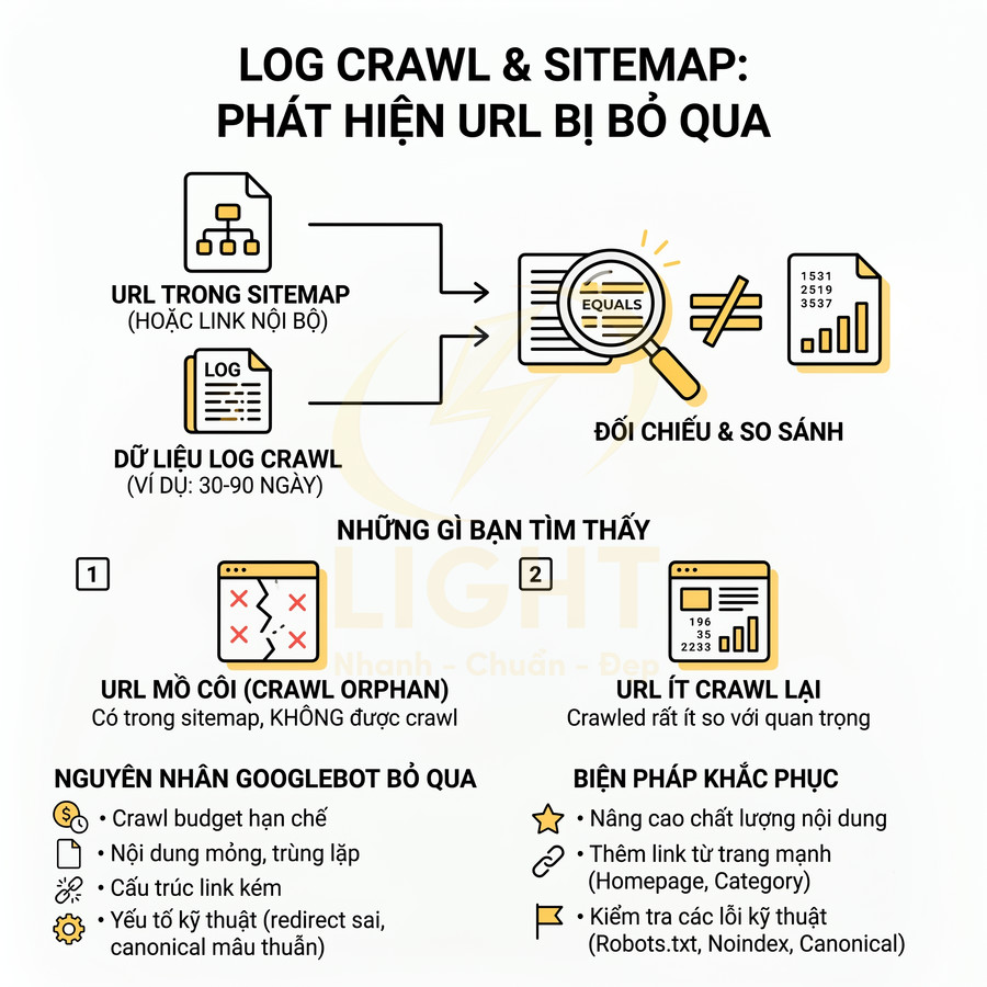 Infographic quy trình dùng log crawl và sitemap để phát hiện URL bị bỏ qua và cách khắc phục SEO