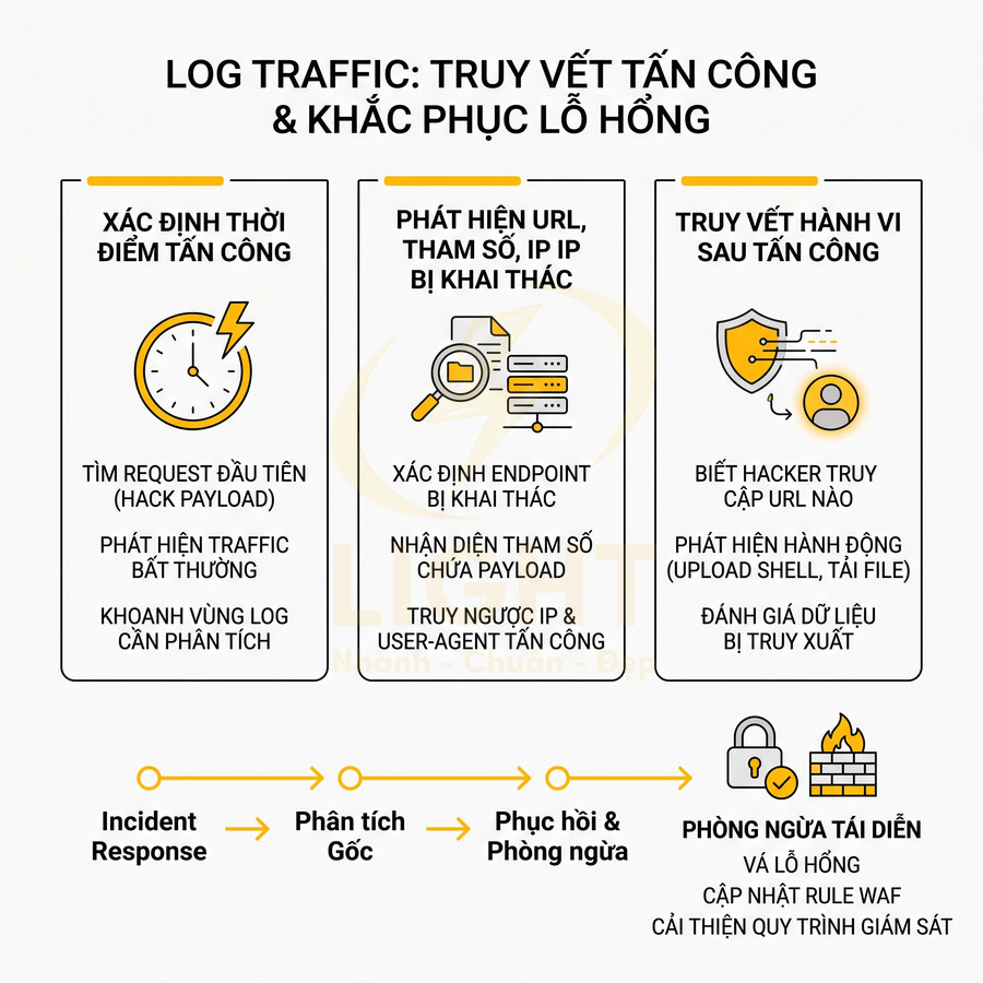 Infographic quy trình log traffic truy vết tấn công mạng và khắc phục lỗ hổng bảo mật
