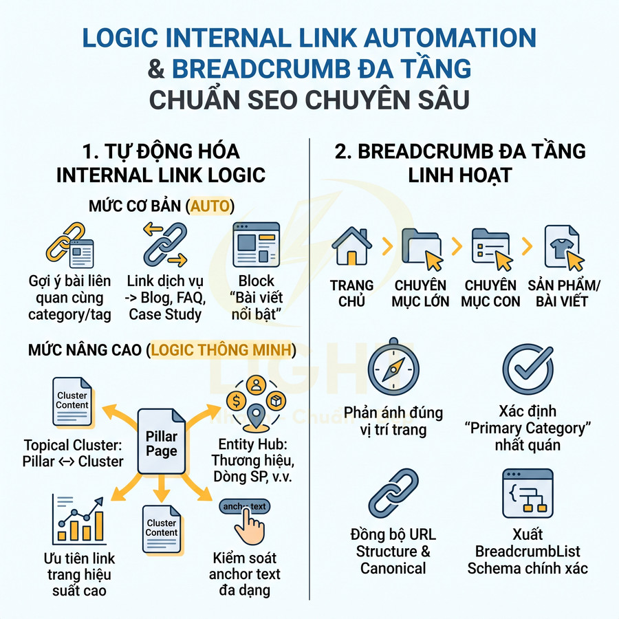Mô tả tính năng tự động hóa internal link và breadcrumb đa tầng chuẩn SEO chuyên sâu bằng sơ đồ minh họa