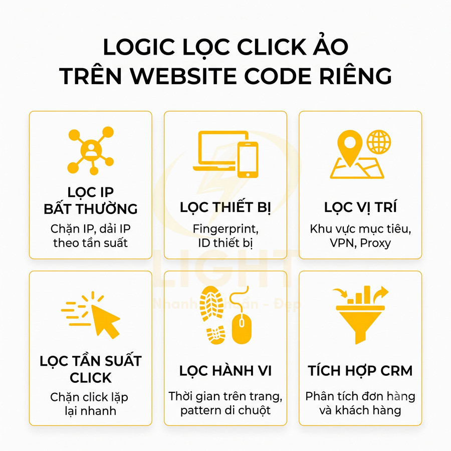 Logic lọc click ảo trên website code riêng với các bước lọc IP, thiết bị, vị trí, tần suất, hành vi và tích hợp CRM