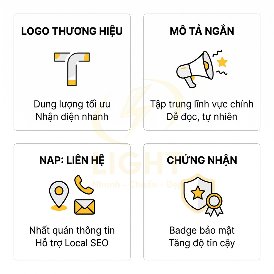 Hướng dẫn tối ưu Google Business Profile với logo thương hiệu, mô tả ngắn, thông tin liên hệ và chứng nhận tin cậy