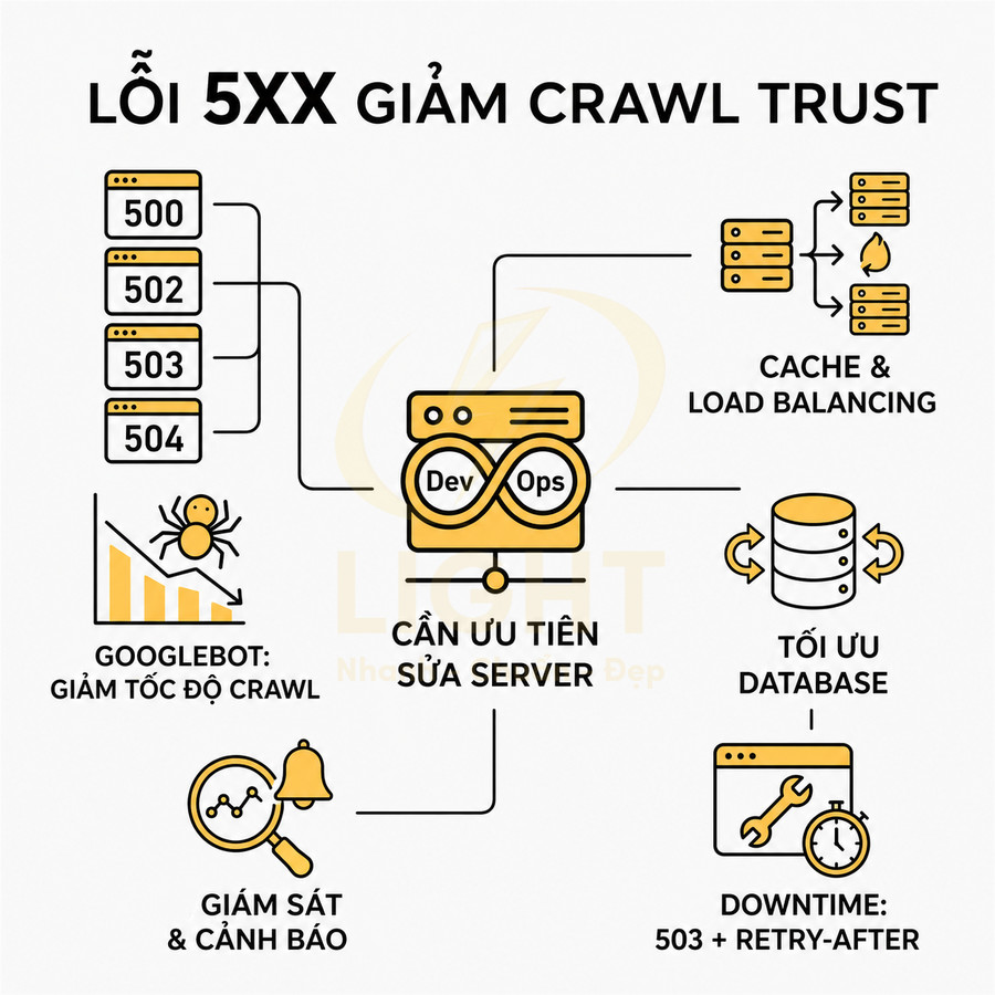 Infographic lỗi 5xx ảnh hưởng crawl trust và các giải pháp tối ưu server, cache, database, giám sát và downtime