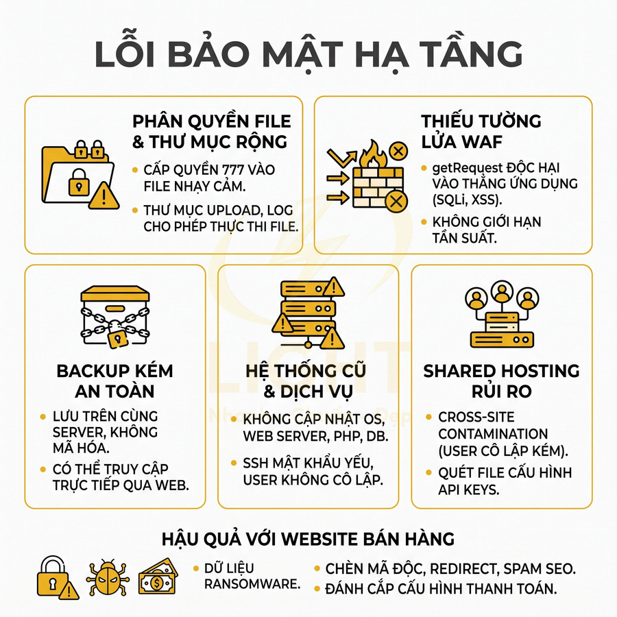 Infographic lỗi bảo mật hạ tầng website bán hàng và hậu quả như mất dữ liệu, mã độc, shared hosting rủi ro
